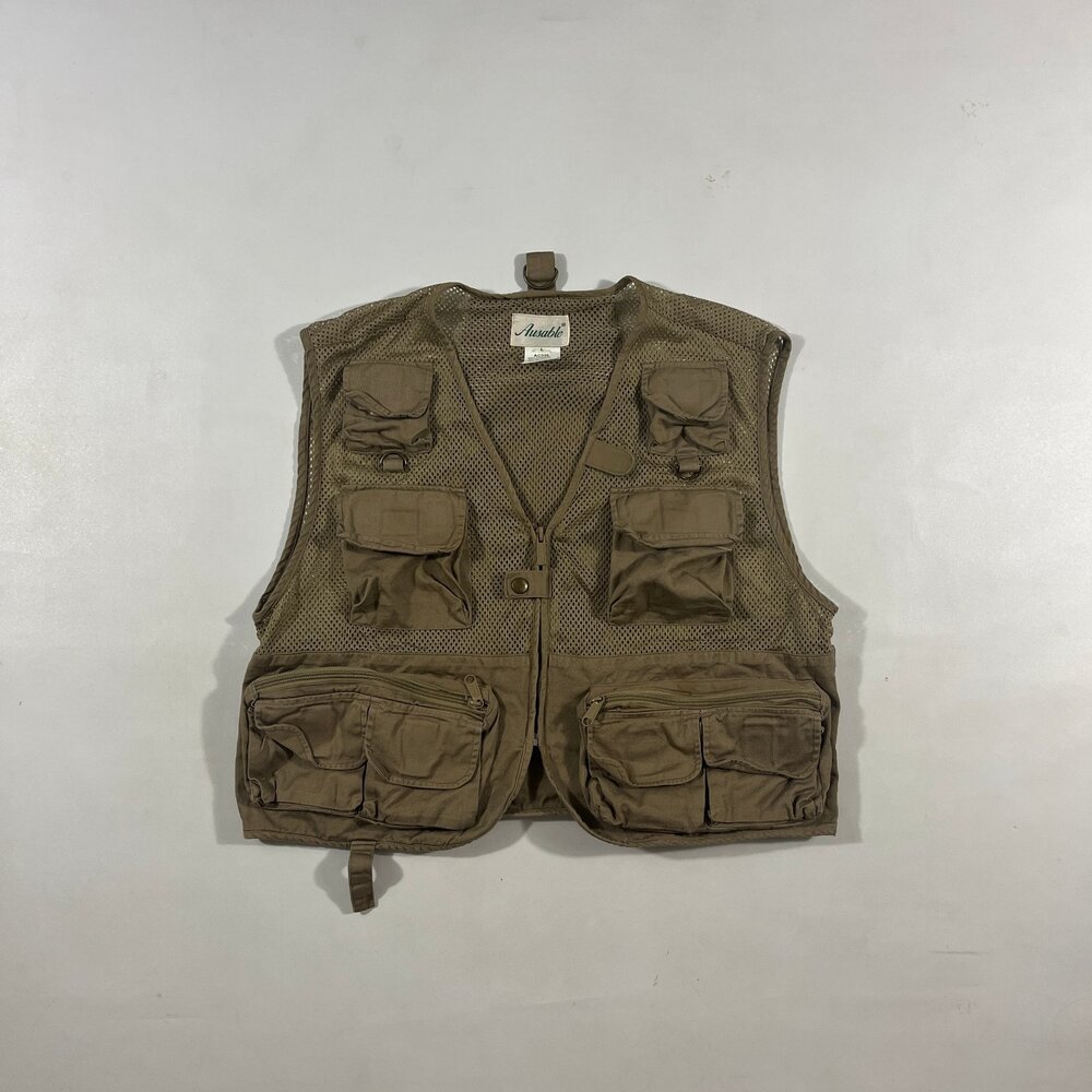 Vintage Ausable Khaki Mesh Fly Fishing Utility Cargo Vest
